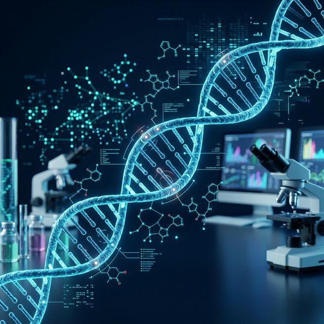 Breast Cancer Multi-Omics Research — glowing DNA molecular visualization